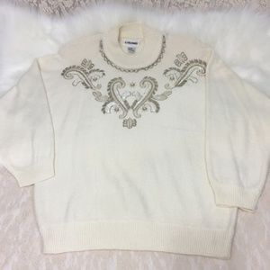 Alfred Dunner Vtg Xmas Sweater Embroidery Cottage Core Log Cabin Holiday Large